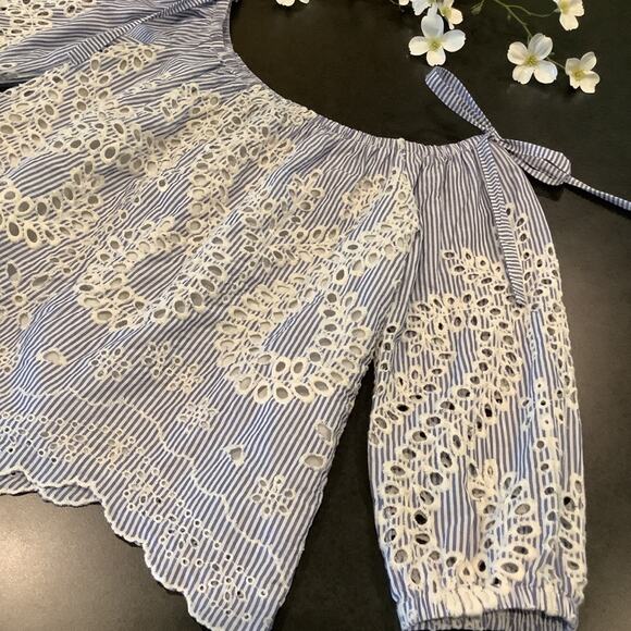 Express Off Shoulder Gathered Peasant Top Floral Eyelet Embroidery Cutouts - Picture 6 of 12